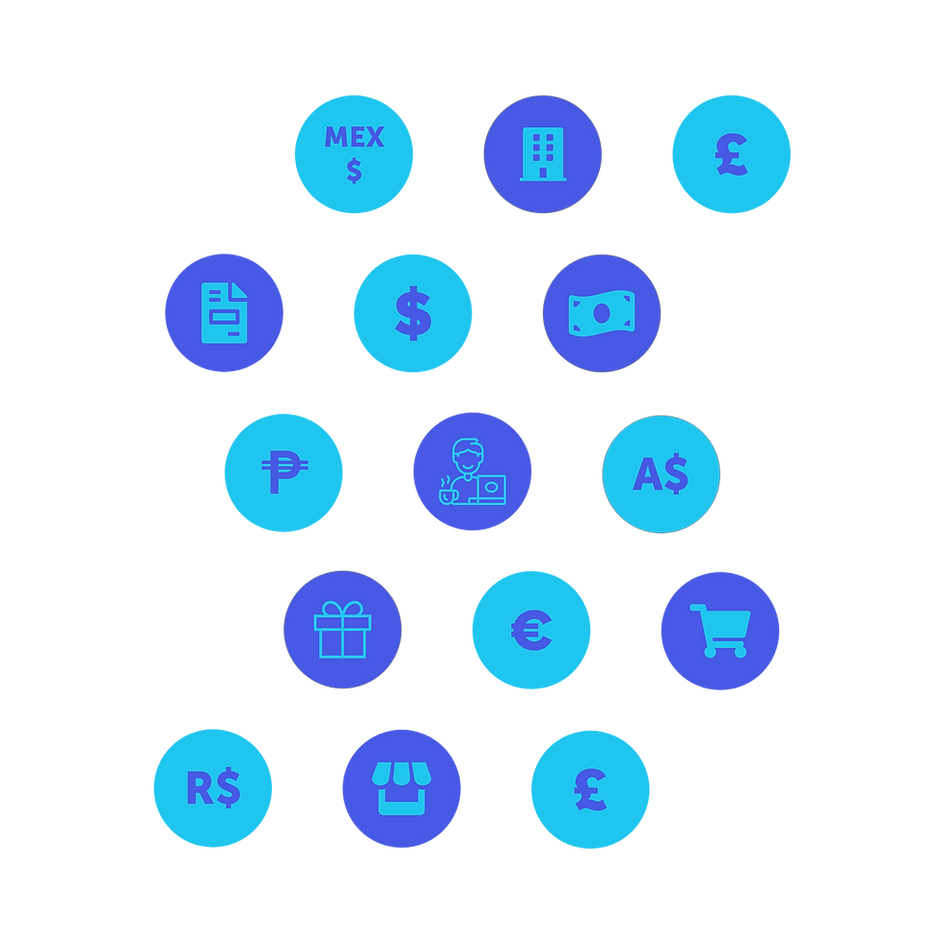 Global currency map showing various currency symbols